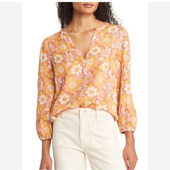 Marine Layer Top Womens Large Yellow Jamie Floral Retro Boho Band Collar Top - Picture 1 of 7